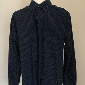 Blue and white polka dot button down